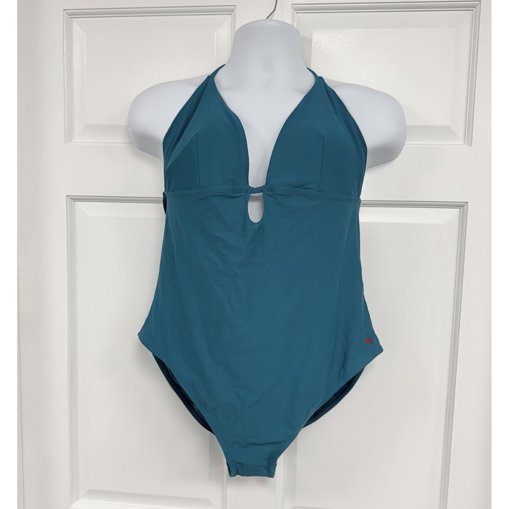 NWOT Robert Graham One Piece Swimsuit Women's 16 Teal Plunge Halter w/ Keyhole
